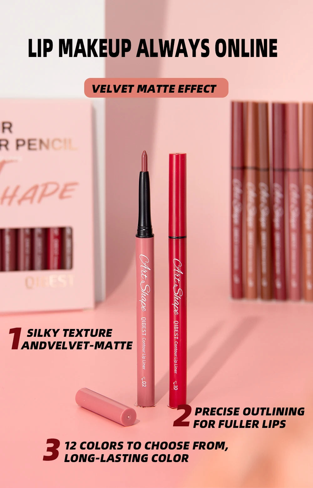 QIBEST Matte Lip Liner Set 12 Colors Nude Shades Lipliner Pen Waterproof Lip Contouring Pencils Lasting Makeup Kits Lipstick Pen