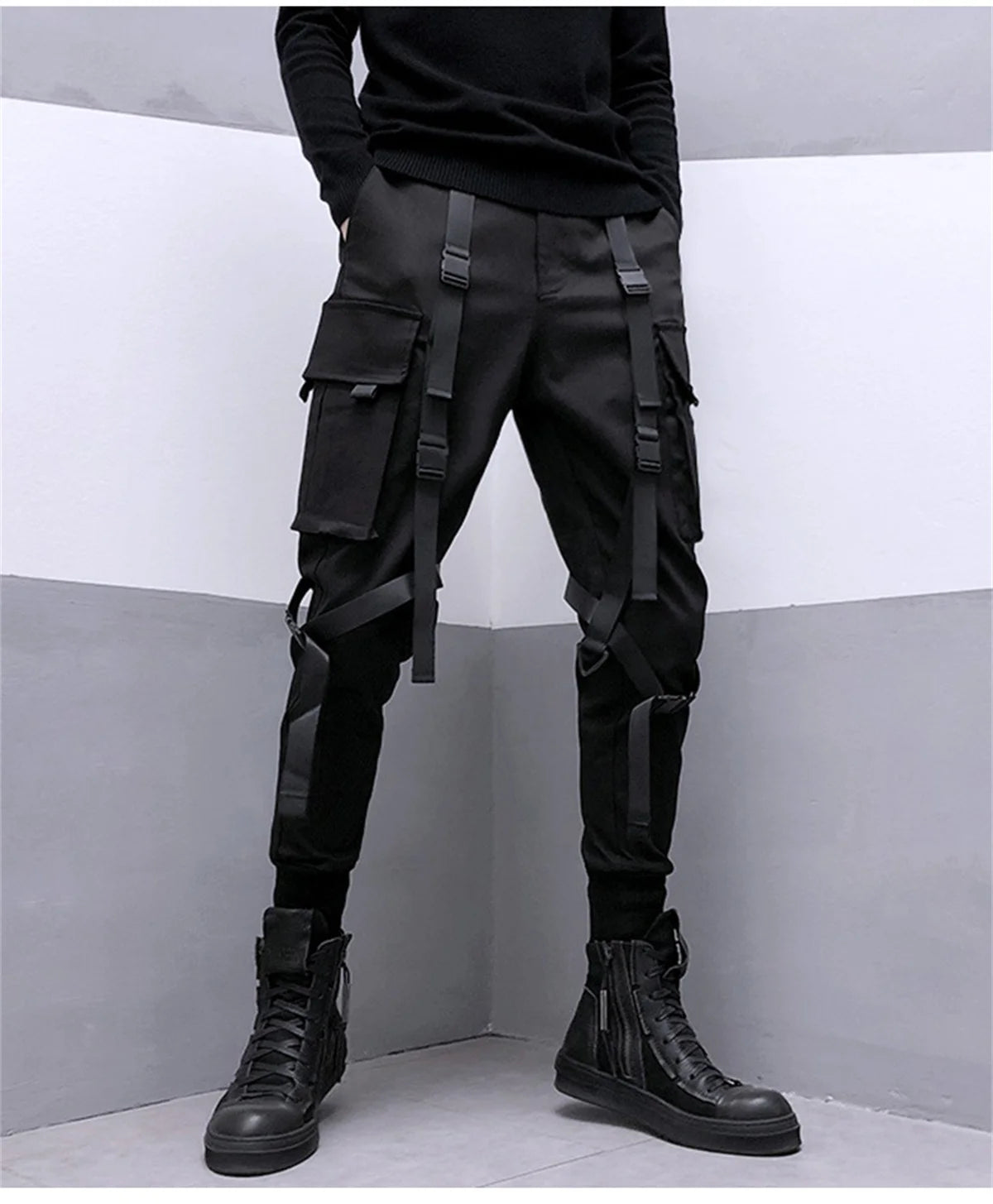 Black Cargo Pants Hip Hop Joggers Men Loose Harem Pants Multi-pocket Ribbon Men's Pants Trousers Streetwear Sport Pants for Men