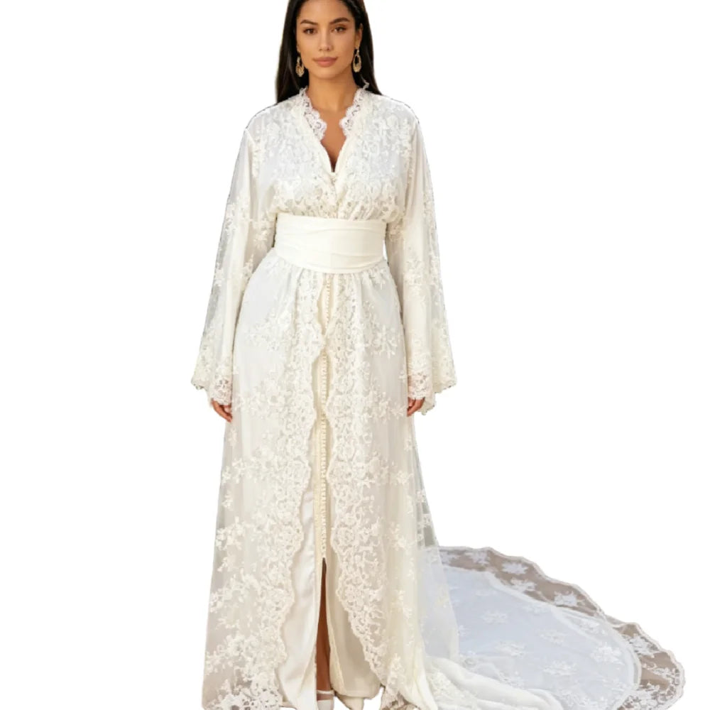 2026 Muslim Wedding Dress White Lace Flare Sleeve Open Front Modest Bridal Gown Dubai Moroccan Caftan Islamic Marocain Party