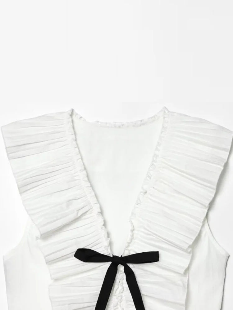 2026 Women Summer Tank Tops Camis Fashion Sweet Solid Bow Pleated V-Neck Female Elegant Street Top Clothes