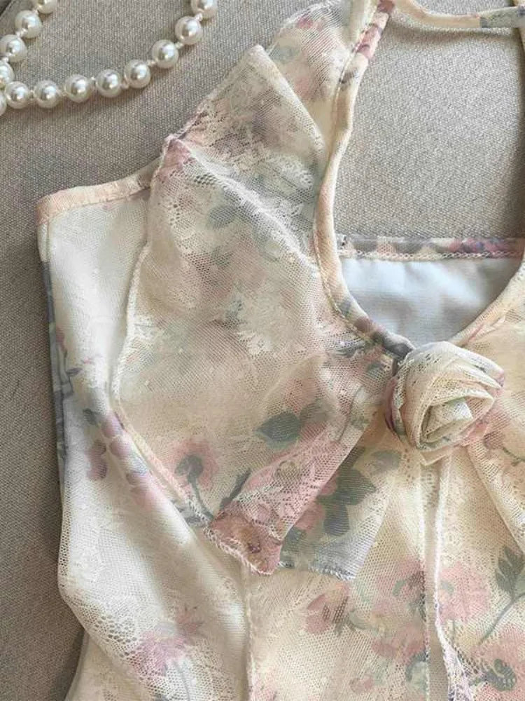 Summer Floral Halter Top Women Sweet Fairy Lace Bow Slim Fit Sleeveless Blouse Elegant Cute Mesh Transparent Layer Shirt Vest