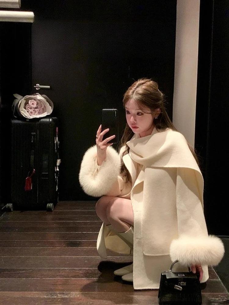 Elegant Wool Coat Warm Women Double Faced Luxury Real Fox Fur Sleeves 100 Wool Scarf Autumn Winter 2025 New Fashion Trench Coat