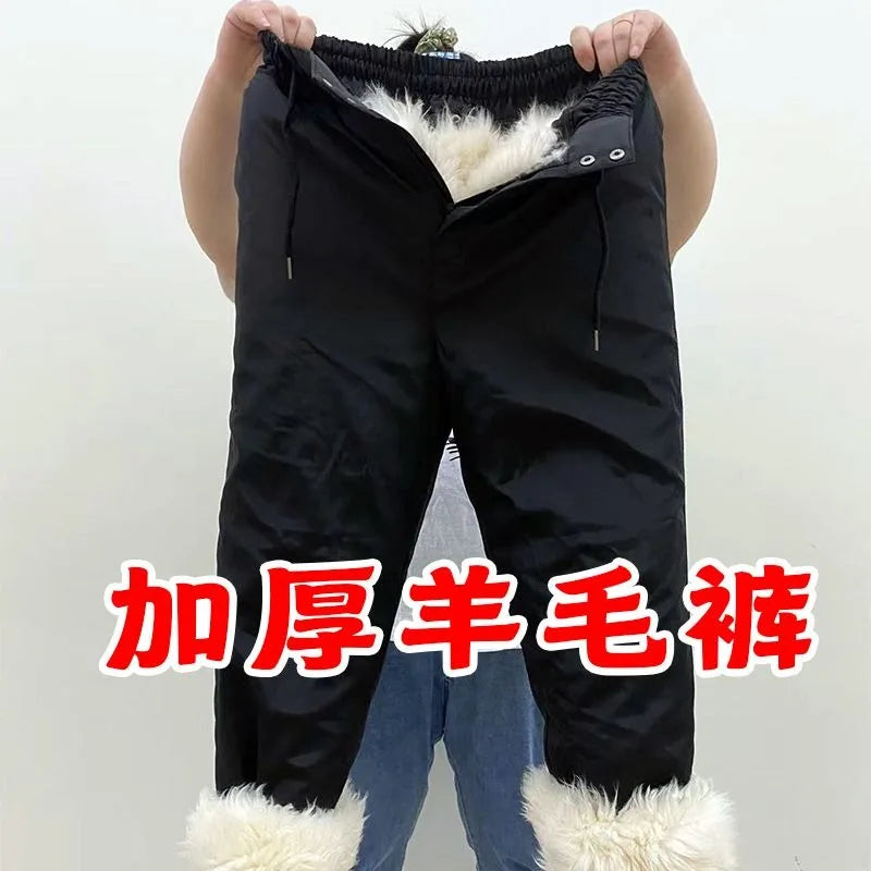 Men Women Pure Sheepskin Fur Leather Pants Middle Aged Warm Thickened Padded Wool Cotton Pants Outdoor Wear-resistant Pants