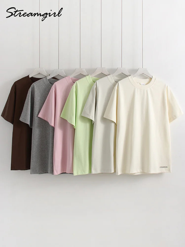 Summer Women T Shirts Oversized Cotton White Short Sleeve Baggy Tops For woman Summer Plain Loose Pink Tshirt Oversize Blue