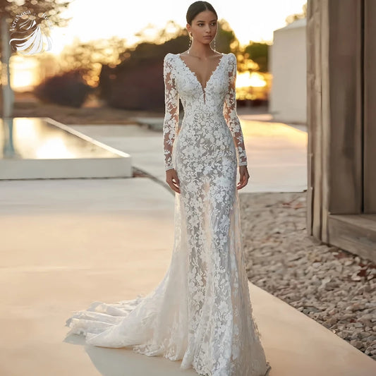 VeraNova Customized Wedding dress Sexy Lace Semi-transparent long-sleeved Mermaid Wedding dress