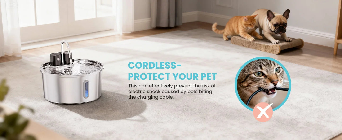 ATUBAN Wireless Cat Water Fountain-3.2L Automatic Cat Water Fountain Cordless,Stainless Steel Battery Operated for Multiple Pets