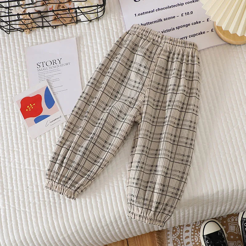 Summer Kids Casual Pants 1-6Y Simple Boys Grid Sweat Pants Korean Loose Thin Children Striped Letter Trousers
