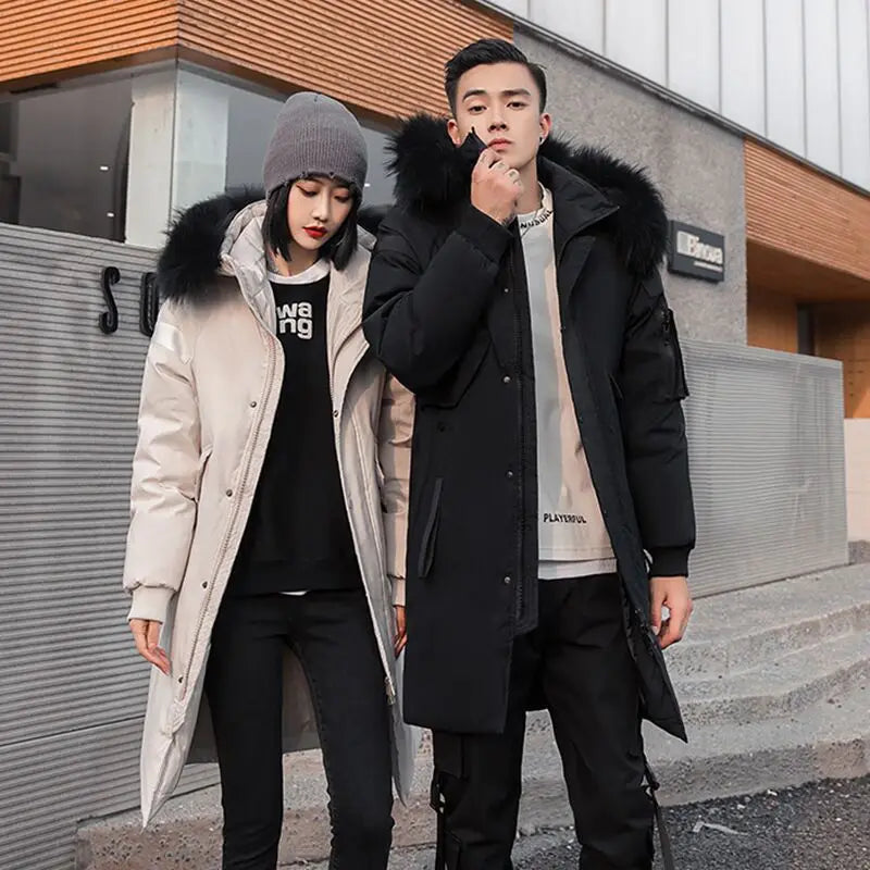 New Winter Down Jacket Men's Couple Fashion Big Fur Collar Medium and Long Youth Pie To Overcome Warmth and Thickening Tide