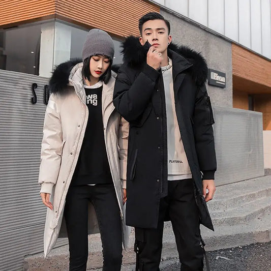 New Winter Down Jacket Men's Couple Fashion Big Fur Collar Medium and Long Youth Pie To Overcome Warmth and Thickening Tide