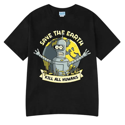 Summer Fashion Hot Save The Planet Kill All Humans Funny Tops Robot Print Oversized T-Shirts Men Women Short Sleeve Cotton Tops