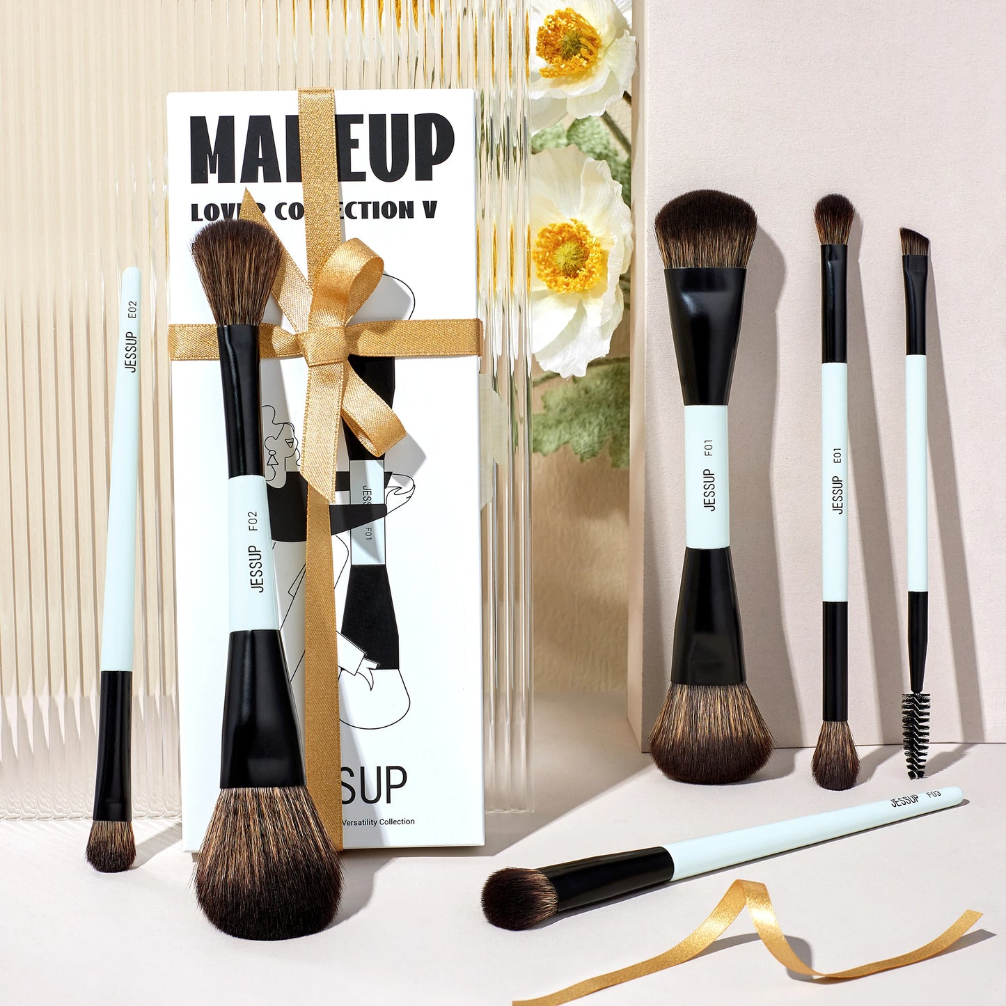 Jessup Double-Ended Makeup Brushes 6pcs, Vegan Fiber, Daily Use, Bright Cyan