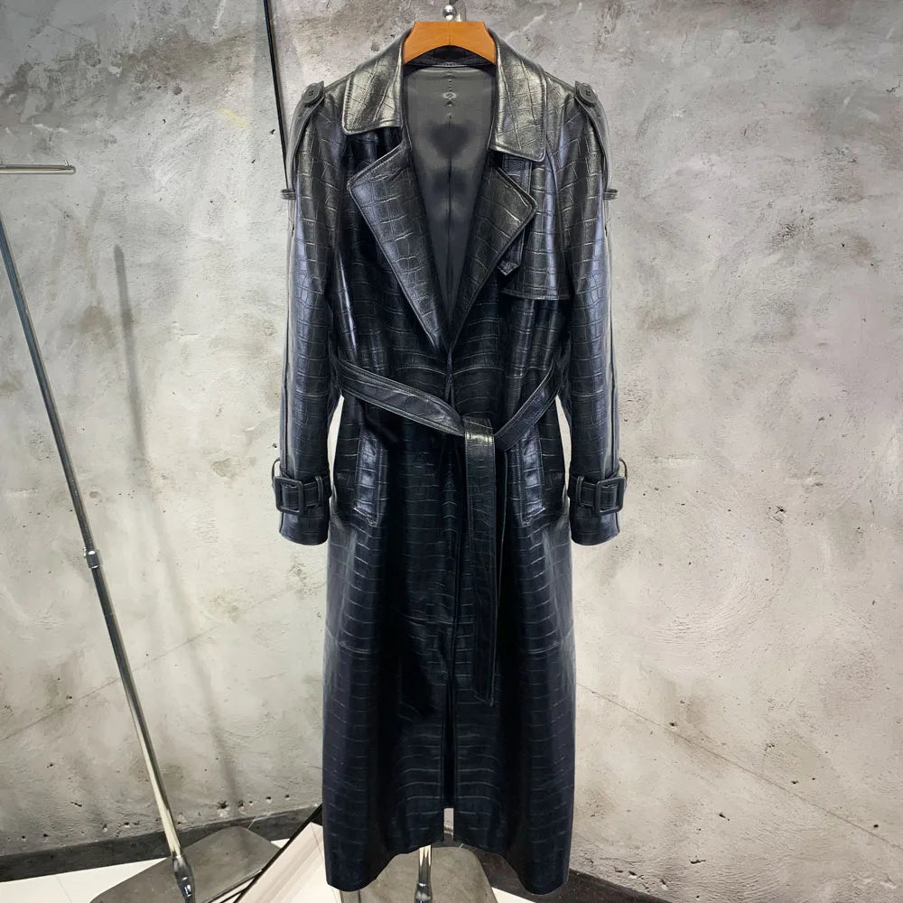 Leather Coat Orange Long Ladies Real Sheepskin Coat Genuine Sheep Leather Windbreak Long 21018