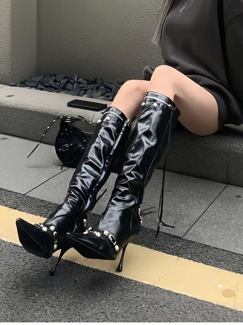 New Women Knight High Boots Fashion Tassels Side Zippers Ladies Elegant Pointed Toe Long Booties Women's Footwear