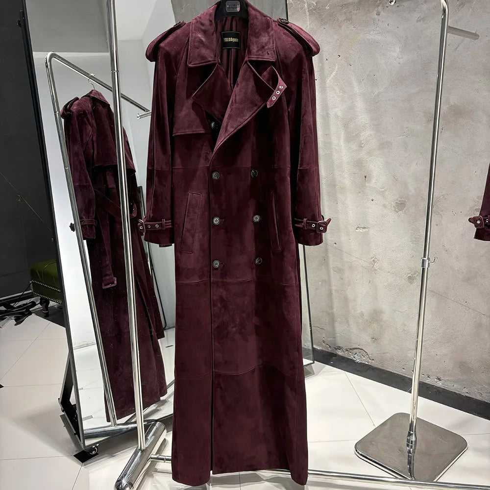 YOLOAgain 150cm Extra Length Real Leather Trench Coat Women Double Breasted Suede Coat Female