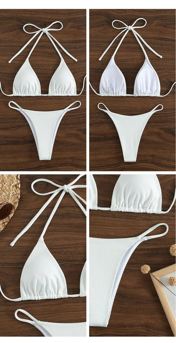 Bathing Suit Women Sexy Solid Halter Swimsuit Special Stripe Fabric Bikini Set Drawstring Lace Up Two-piece Split Beach Biquini