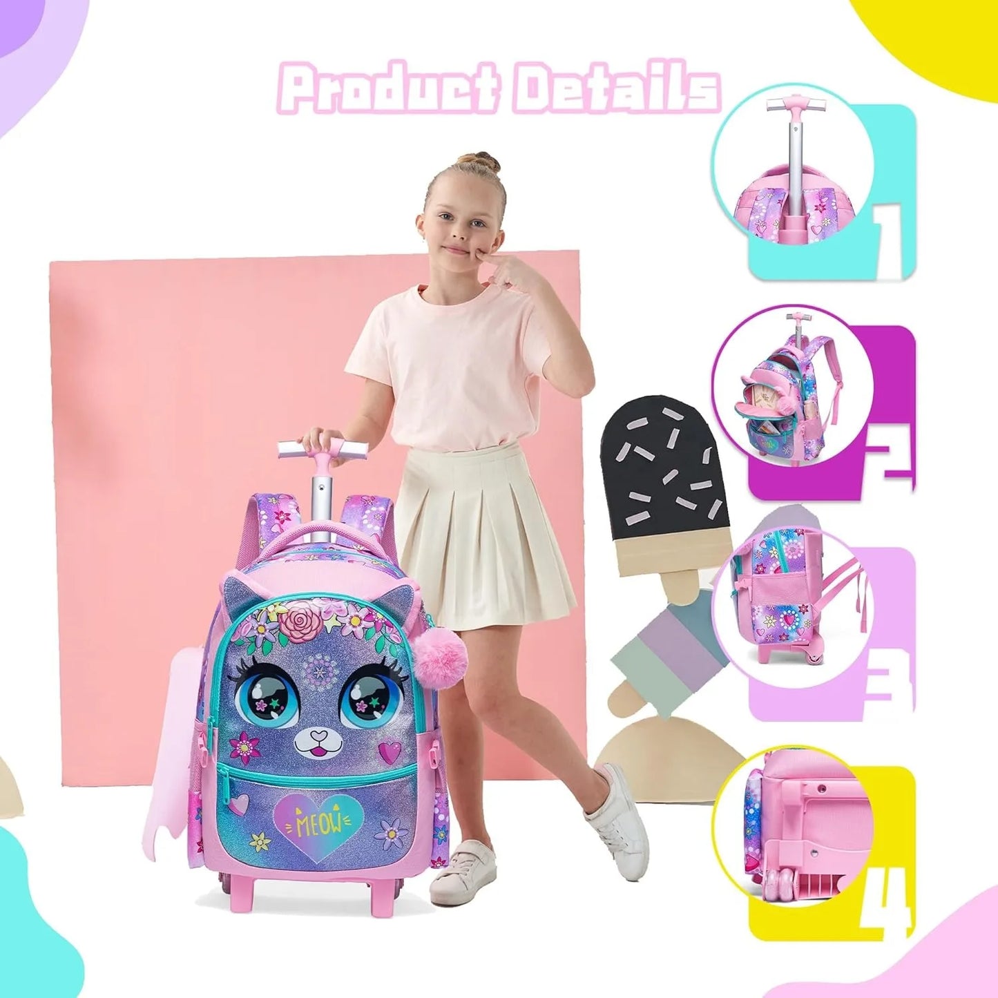 Children's School Bags Kids Rolling Backpack for Girls Luggage Suitcase with Wheels Trolley Wheeled Backpacks for School Travel