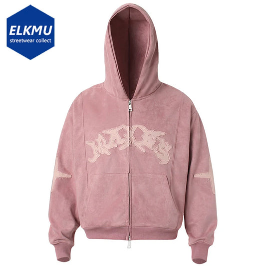 Vintage Suede Hoodies Patchwork Loose Hooded Hoodies Jacket Streetwear Harajuku Hip Hop Oversized Hoodie Sweatshirts