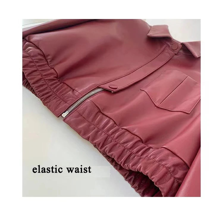 European 2025 New Fashion Short Leather Jacket For Women Casual Elastic Band Waist Top Clothing Mujer Varsity Claret Veste