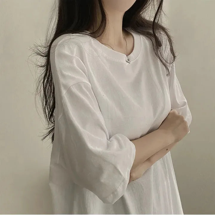 T-shirt for Women in Summer 2025 Slit Black Top Ins Pure Cotton Cotton Mother Simple Loose Long Short Sleeve High Elastic