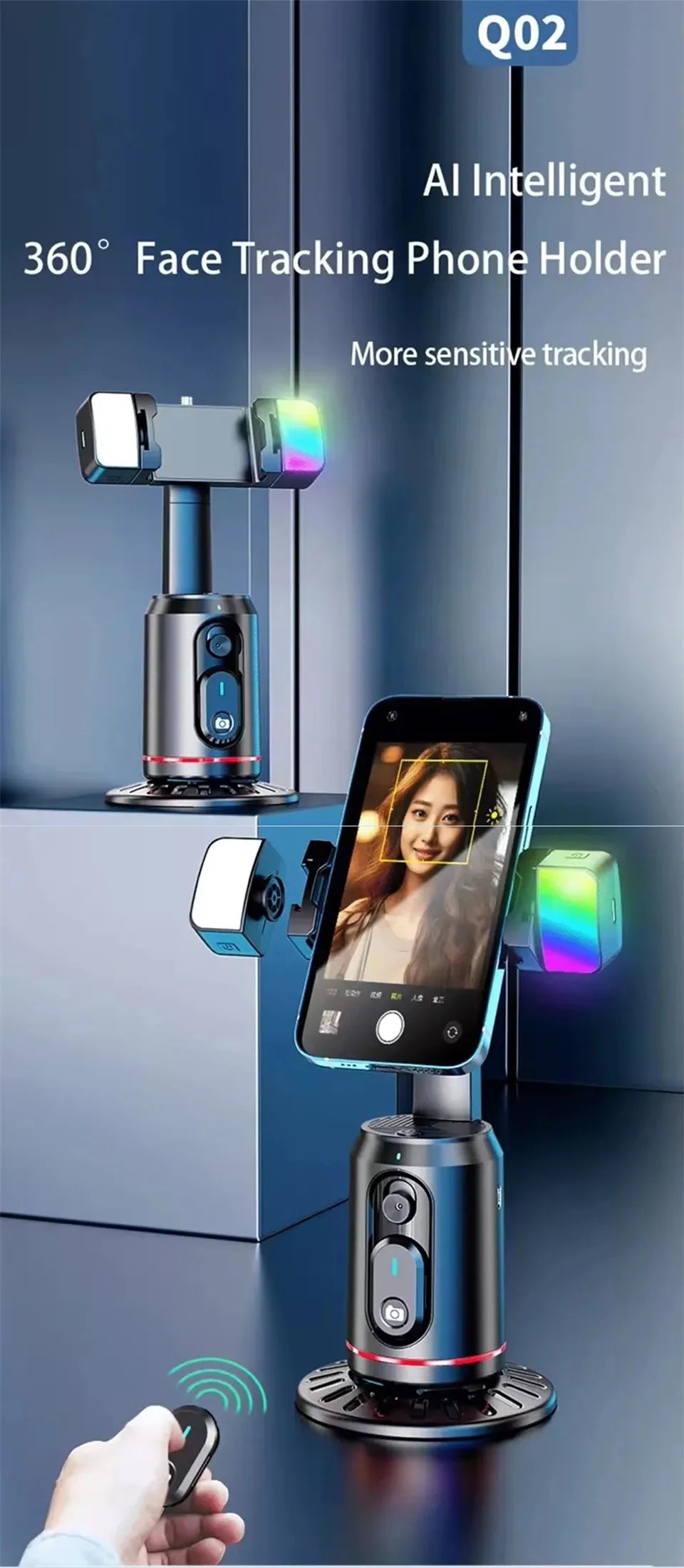 New Q02 360 Rotation Follow-up Gimbal Stabilizer Monopod Desktop Tracking Gimbal with Remote for Phone Tiktok Live Photography