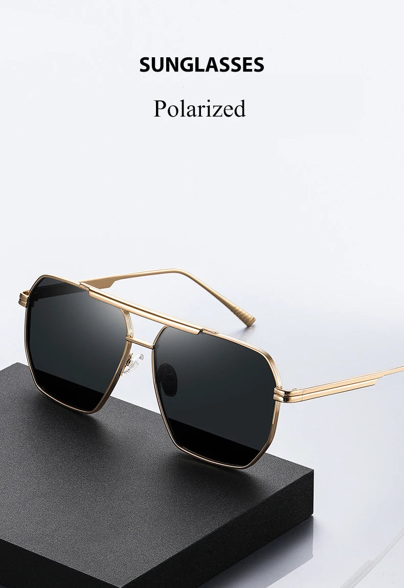 High Quality Square Polarized Sunglasses For Women Retro Oversized Double Bridge Sun Glasses Men Luxury Big Metal Goggle Shades