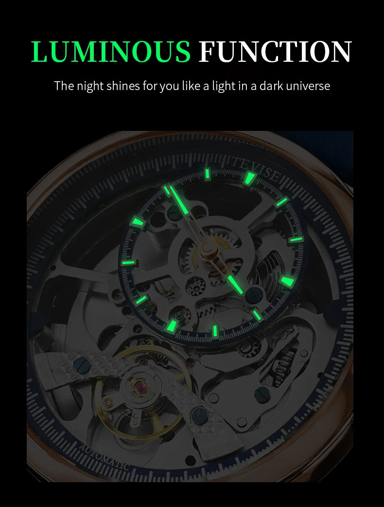 TEVISE New Automatic Watch for Men Mechanical Watch Skeleton Wristwatch Luminous Stainless Steel Top Luxury Watch Waterproof