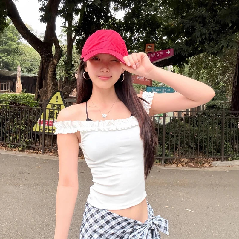 Women's Summer Off-Shoulder Solid Color Tops Sheath Casual Daily Cropped T-shirt