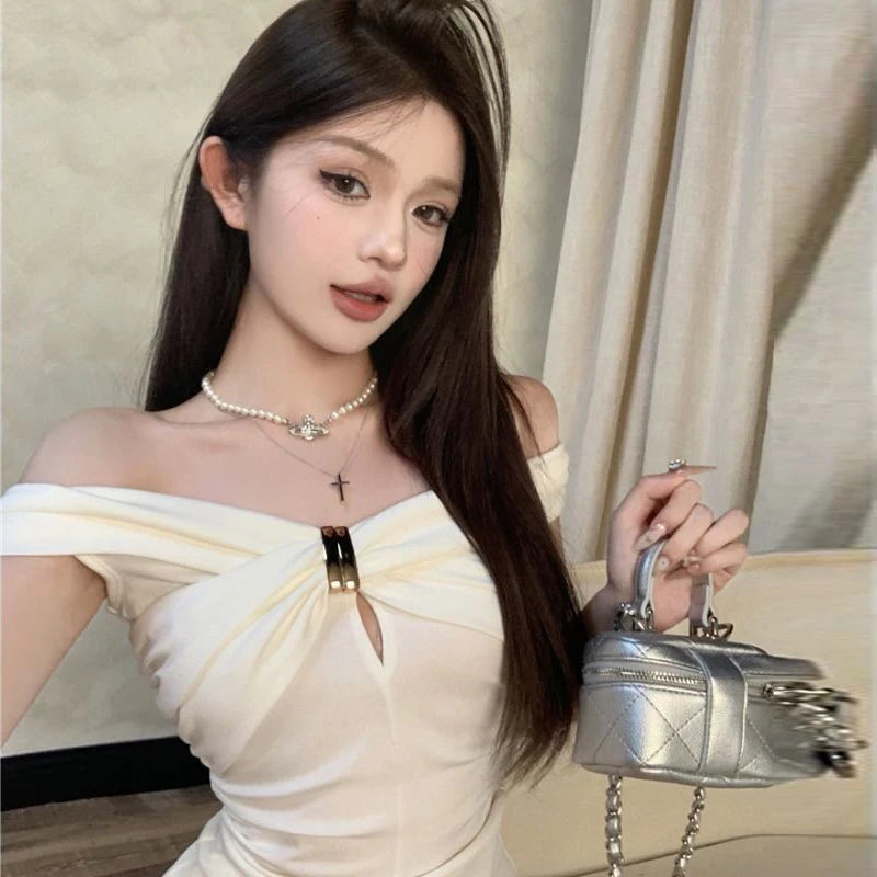 Summer Solid Color Sexy Off Shoulder Tops Lace Up Sleeveless T-Shirt Casual Slim  Top Black Short Sleeve Wome
