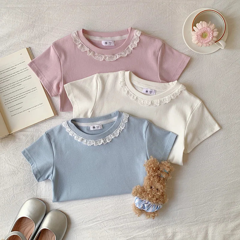 Summer Girls Lace T-shirt Kids Loose Casual Solid Color Short Sleeves Crewneck Tops Baby Girl Cotton Tees Kids Clothes 1-6Years