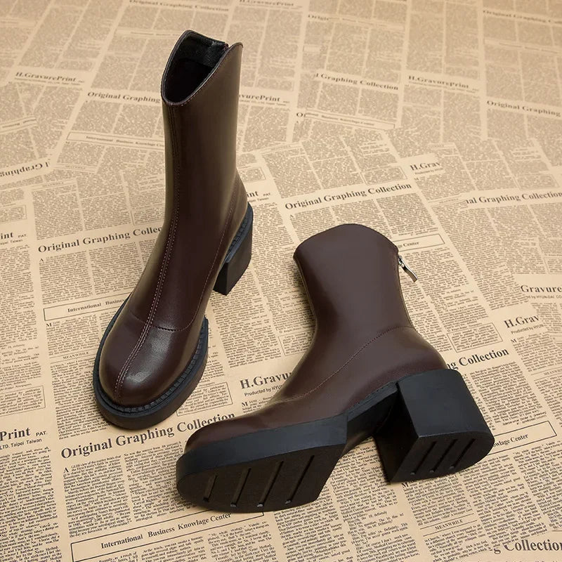 High Heel Women Ankle Boots Fashion High Quality Platform Shoes for Women British Style Brown Boot Comfor Women Waterproof Boots