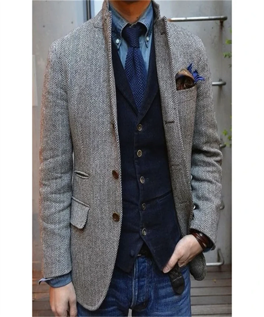 Men's Suit Brown Blazer Prom Tuxedos Herringbone Wool Tweed Single Breasted Formal Bussiness Jacket for Wedding（Only Coat）