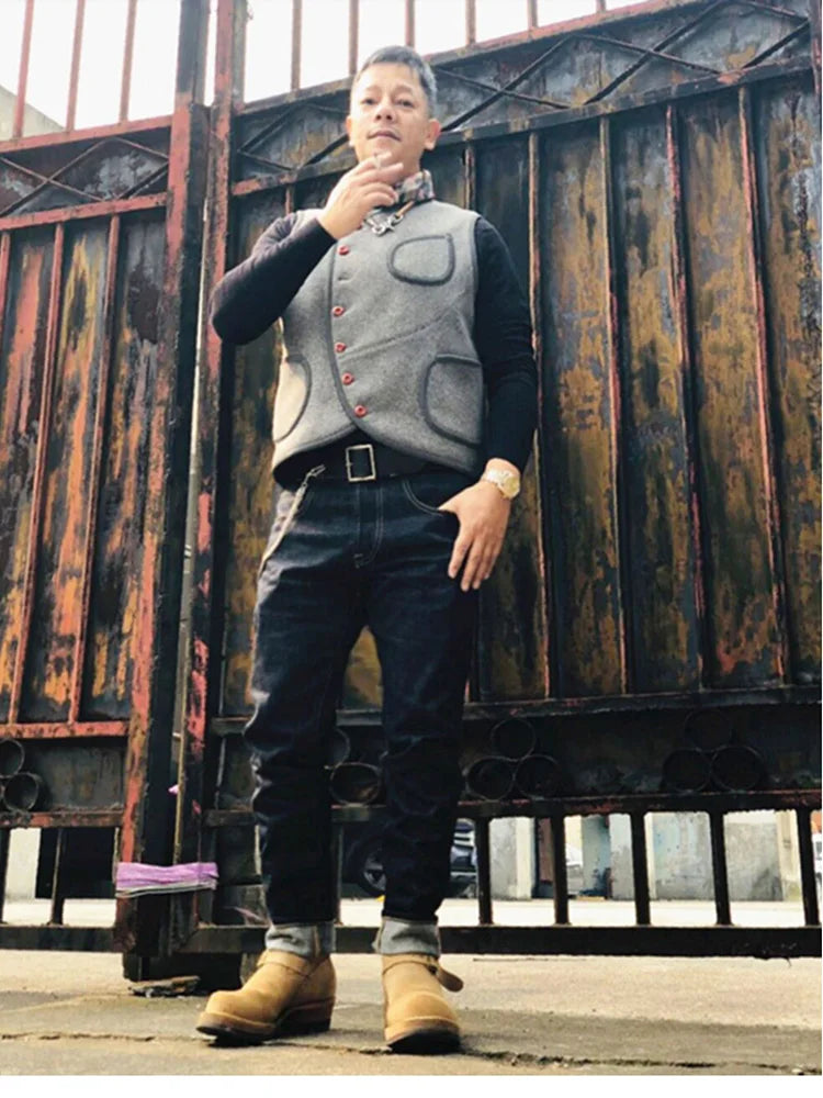 Men's Suit Vest Herringbone Wool Crew Neck Sleeveless Jacket Male Steampunk Waistcoat Vintage