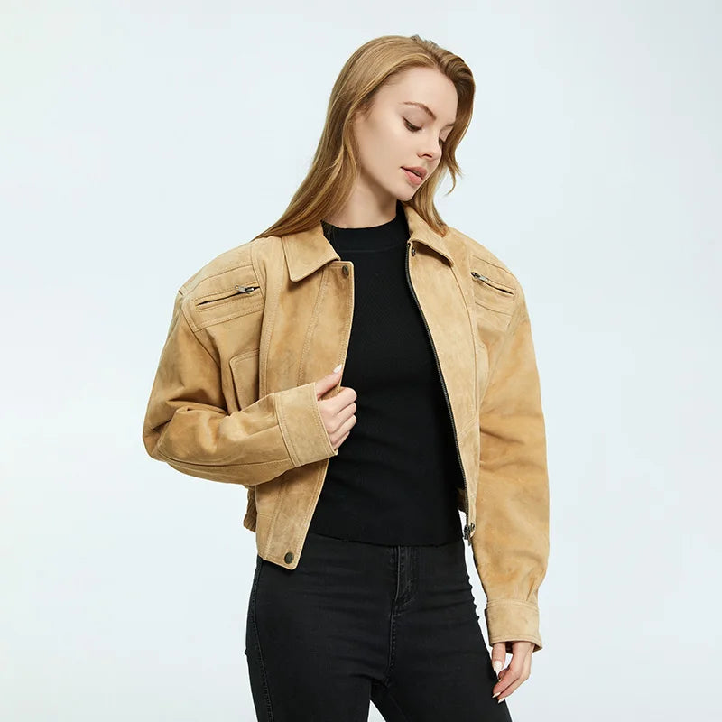 2025A Lady's Fashion Real Suede Jacket Genuine Goatskin Suede Bomber Jacket Oversize Leather Coat Women's Suit