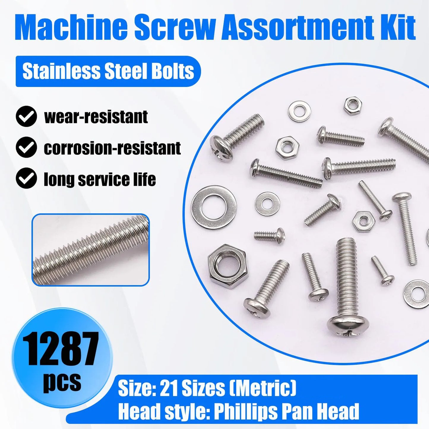 1287Pcs Nuts and Bolts Assortment Kit, Stainless Steel Bolts Machine Screws Hardware Assortment Kit, Metric Phillips Pan Head Sc