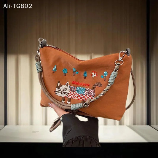 Ladies Tote Bag Lazy Ins Wind Japanese Embroidery Fashion Joker Large-capacity Durable Shoulder Bag Commuter Messenger Bag