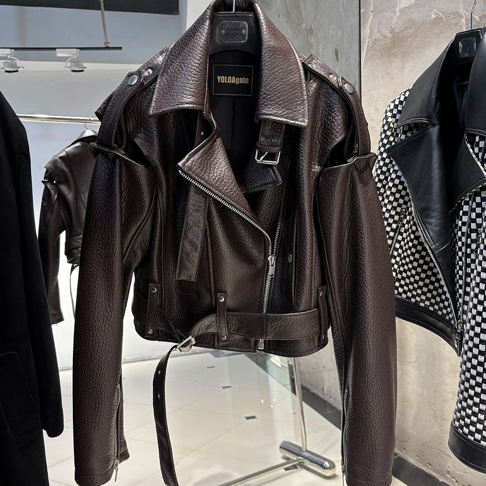 YOLOAgain Real Leather Jacket Women Cropped Jacket Spring 2025
