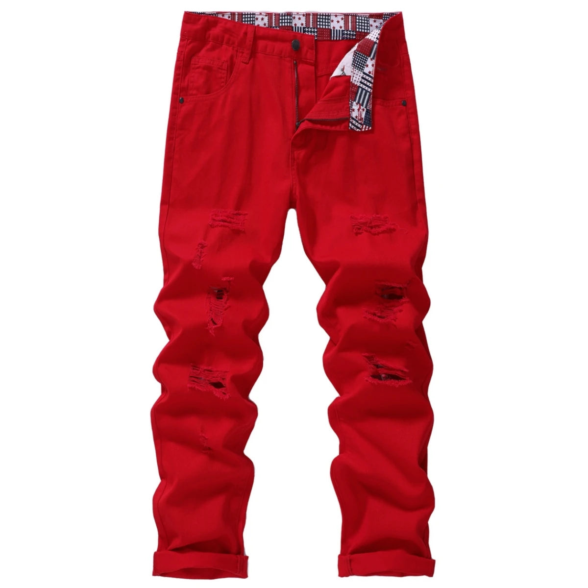 Men's Red Ripped Casual Pants Made of Cotton Fabric Non-Stretch Slim Pants Street Casual Style Five Pocket Classic Pants