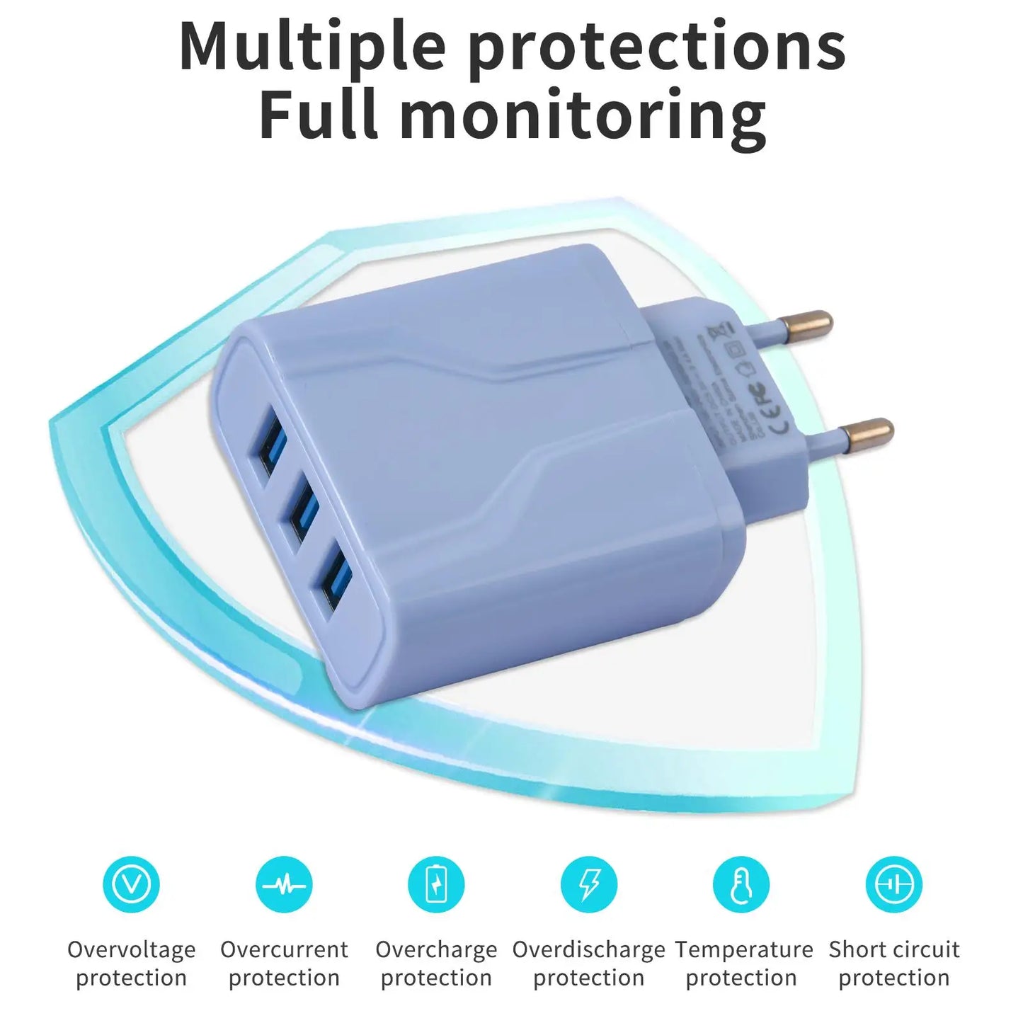 Travel Charger with 3 Ports Charger for iPhone for Galaxy 100-240V, EU Plug, USB Charger Adapter, Sleek Charger Design