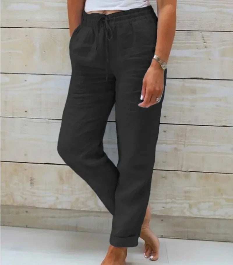 Cotton Linen Pants For Women Fashion Streetwear Elegant Summer Casual Solid Color Trousers High Waist Elastic Straight Pants