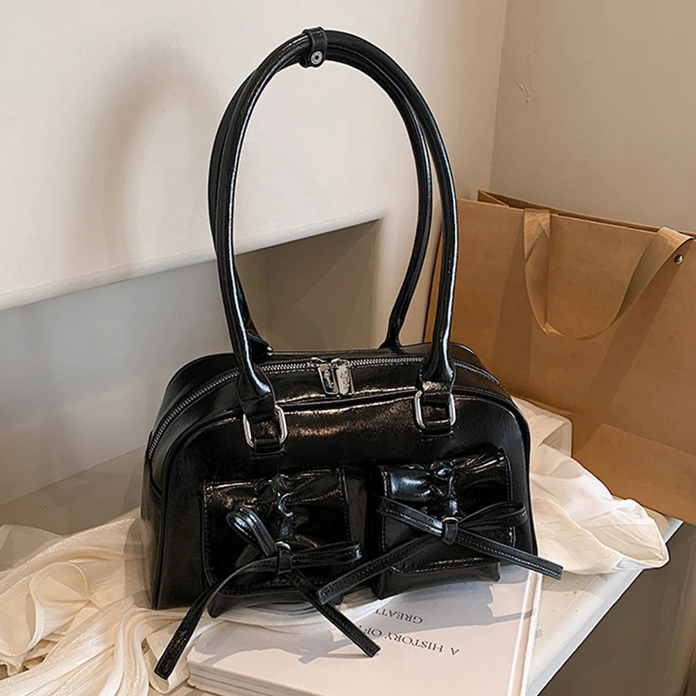 Women Trendy Handbags Double Pockets PU Leather Fashion Shoulder Bag with Bow Stylish Underarm Bag Solid Color for Outdoor Party