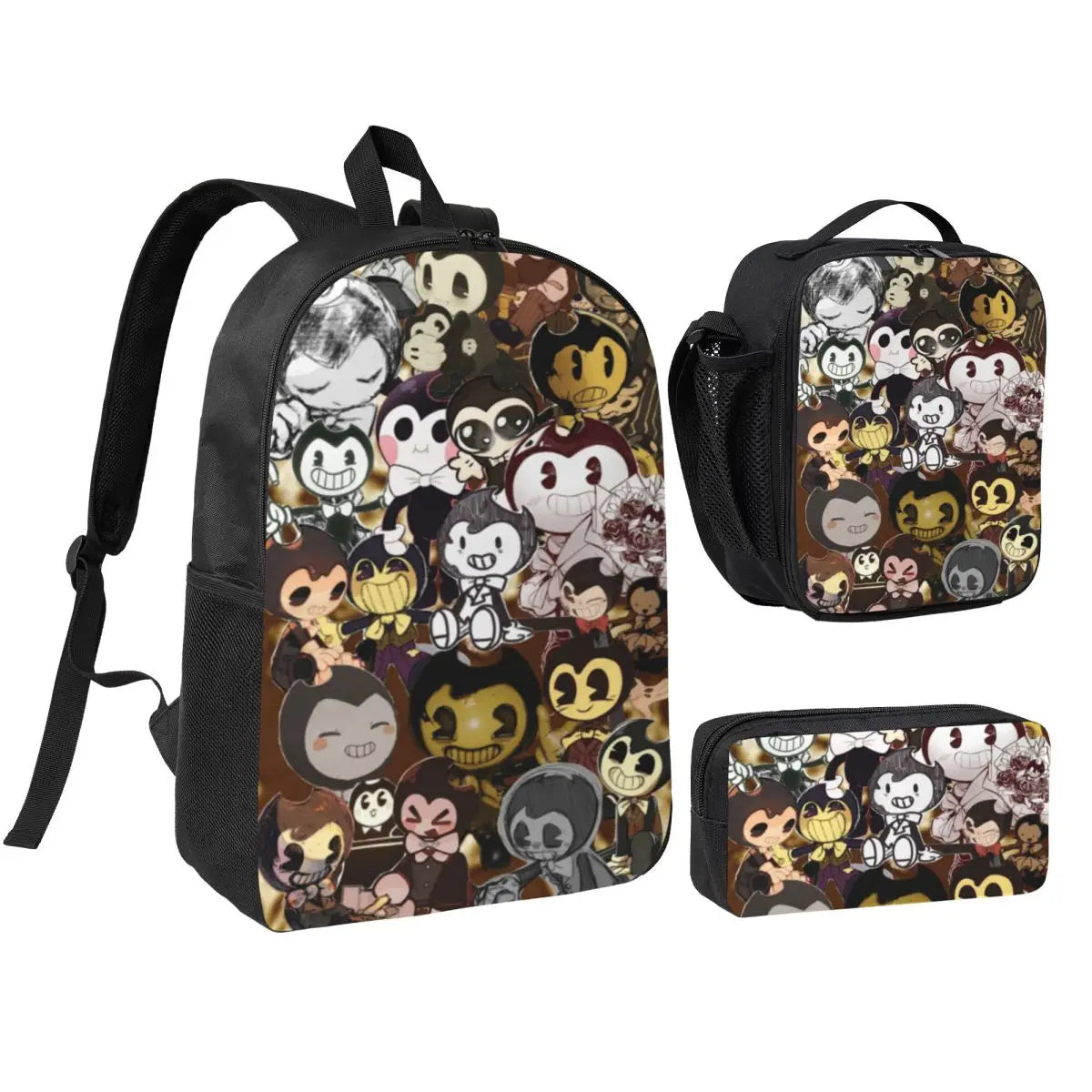 3Pcs Bendys And The Dark School bags Set for Boy Girl Pen Bags Backpack Sets with Lunch Box For School Students Knapsack