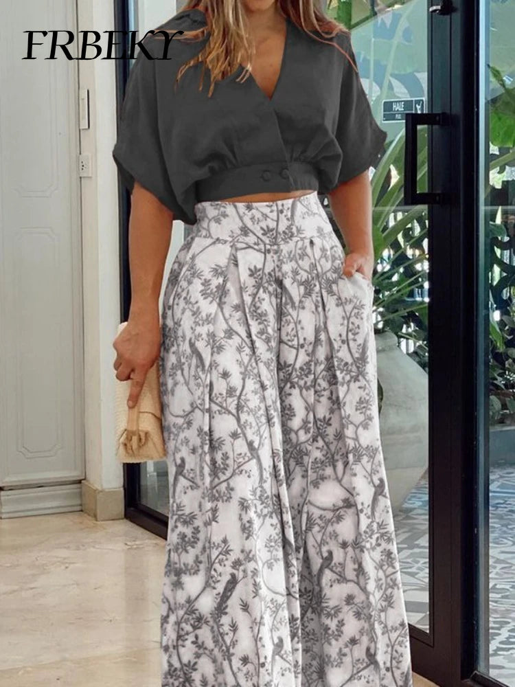 Pant Sets Summer New Bat Sleeve Print Shirt & Wide Leg Pants Two Piece Set for Women Fashion Women's Suit Chic and Elegant Set