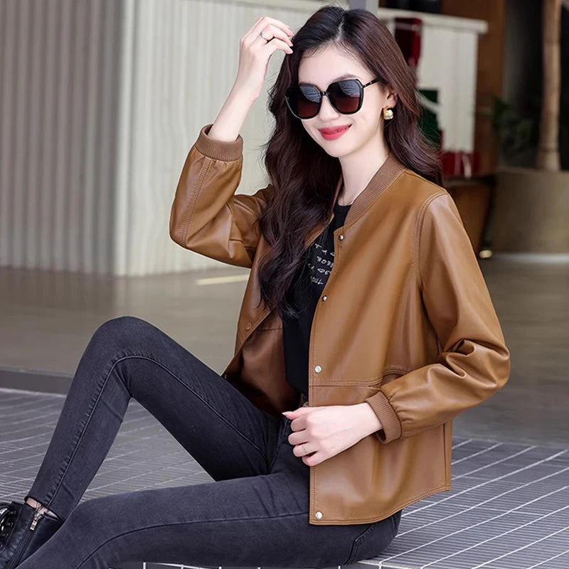 New Women Casual Leather Jacket Spring Autumn Fashion Patchwork V-Neck Single Breasted Loose Short Outerwear Split Leather