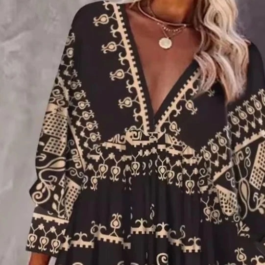 New Women's Spring Loose  V-neck Full Body Printed Fashion Short Skirt Pullover Long Sleeve Dress Bodycon Dress  Summer Dress