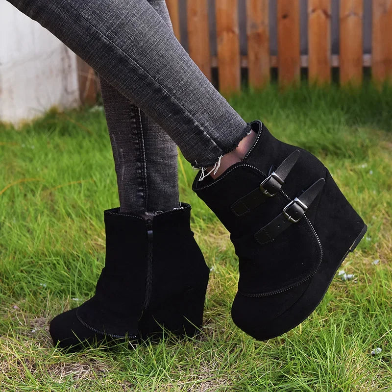 2025 Modern High-heel Boots for Women Ankle Wedges Suede Ladies Shoes Splicing Fake Zip Belt Buckle Height Increasing Daily Wear