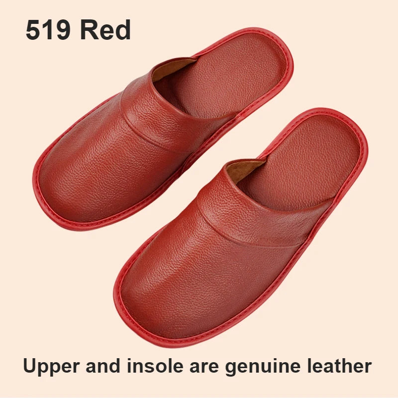 Genuine Cow Leather Slippers Homes in indoor slipper Spring Autumn summer men women elderly non-slip casual single Slides shoes