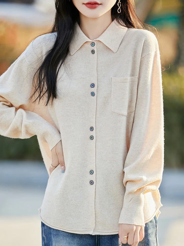 POLO Collar Wool Sweater 100 Pure Wool Spring And Autumn New Knitted Women Loose And Slimming Cardigan ZA682