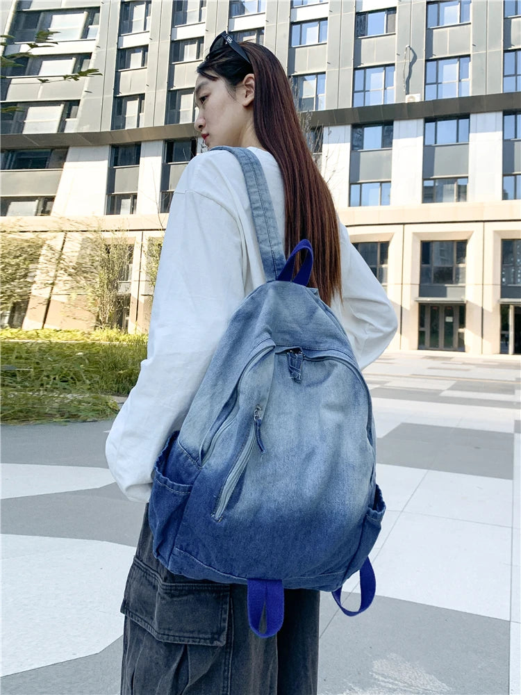 Men's and Women's Backpacks, Student School Bags, Large-Capacity Washed Denim Bags