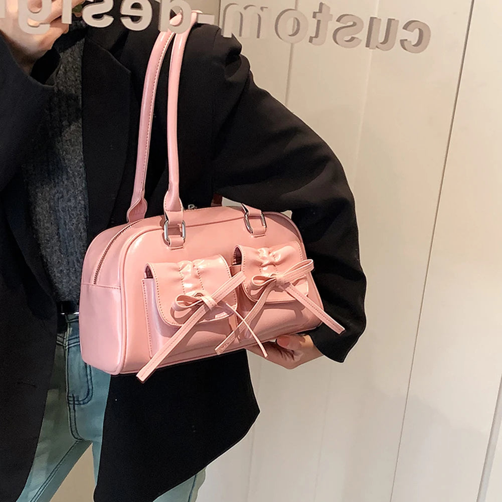 Women Trendy Handbags Double Pockets PU Leather Fashion Shoulder Bag with Bow Stylish Underarm Bag Solid Color for Outdoor Party