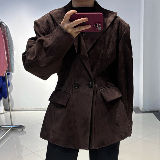 YOLOAgain Real Leather Jacket Women Vintage Suede Blazer Waist-cinching Lapel Dark Brown Genuine Sheepskin Leather Coat